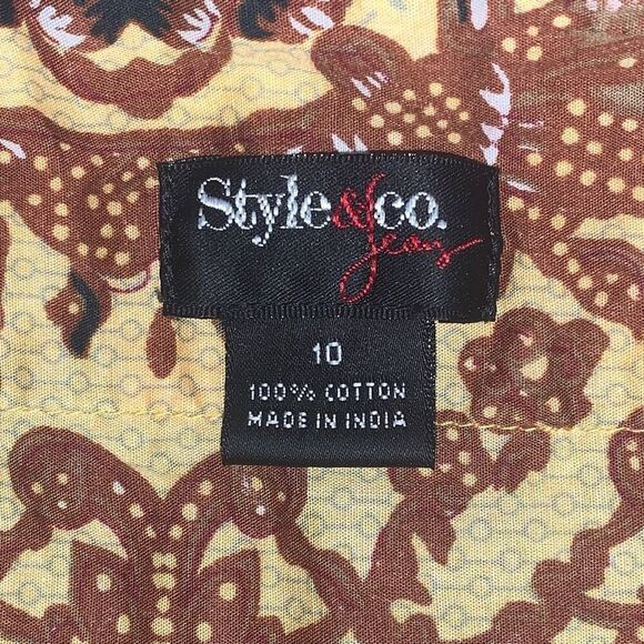 Style & Co Womens 10 Boho Beaded Tunic Top Brown Orange Cinched Back Cotton - Picture 2 of 7